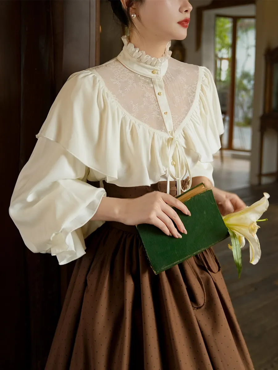 

TIYIHAILEY Spring Summer New Blouse Lace Up Tops For Women Lantern Long Sleeve Tees Thin Shirt White Ladies 2026 Lace Patchwork