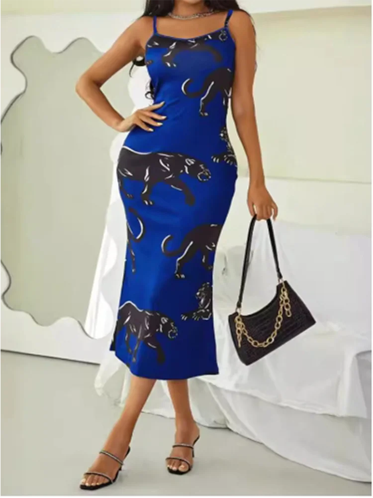 Blaues Leopardenmuster Ärmelloses Kleid Damen Sexy Trägerkleid Sommer Figurbetonte Passform Rock