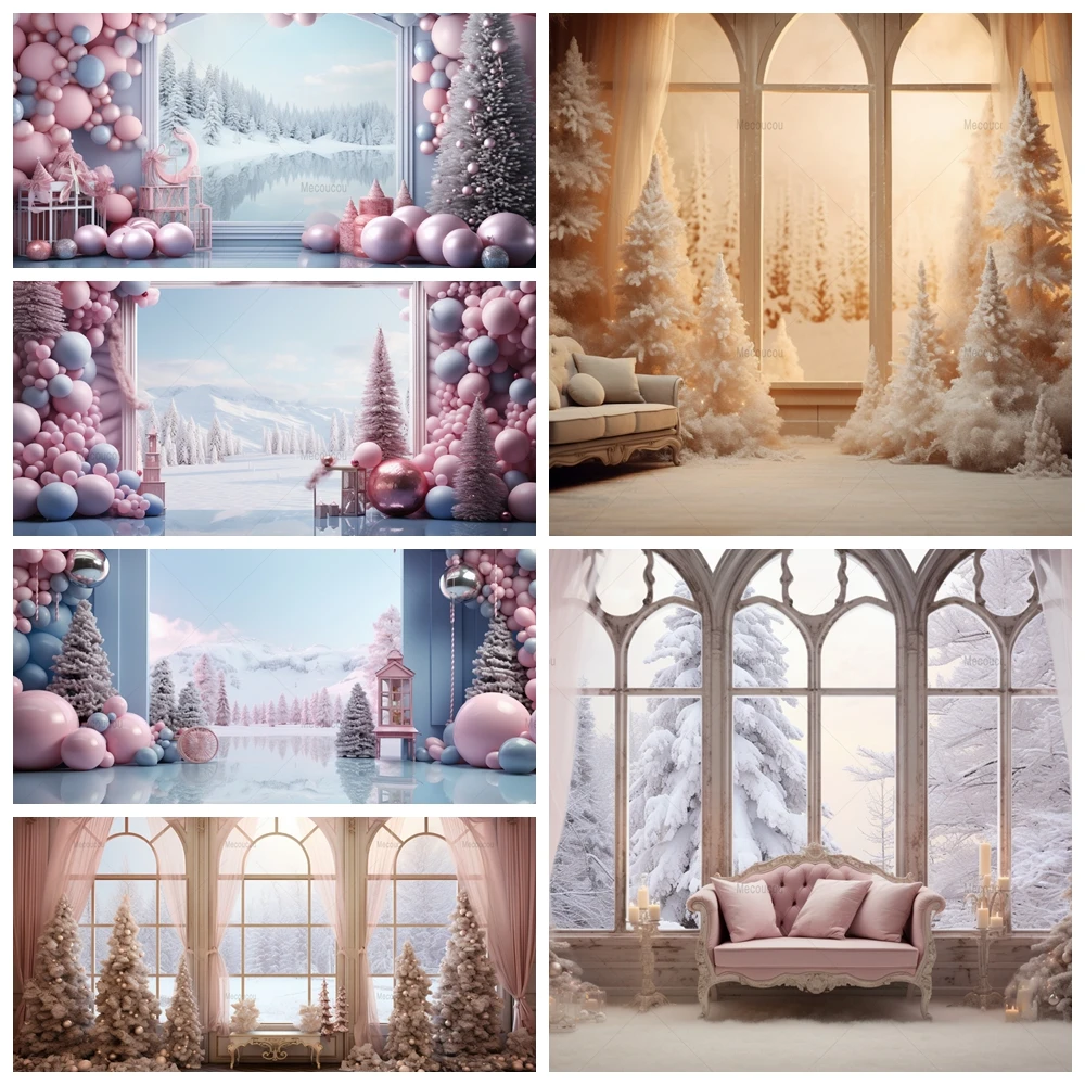

Winter Snow Christmas Arch Balloon Backdrop Customized Kids Portrait Cake Smash Decoration Xmas Tree Snow Toy Backgrounds