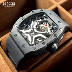 BAOGELA Stainless Steel Black Quartz Watch Men Analog Sport Wristwatch with Silicone Strap Luminous Hands Tonneau Dial Star 4143