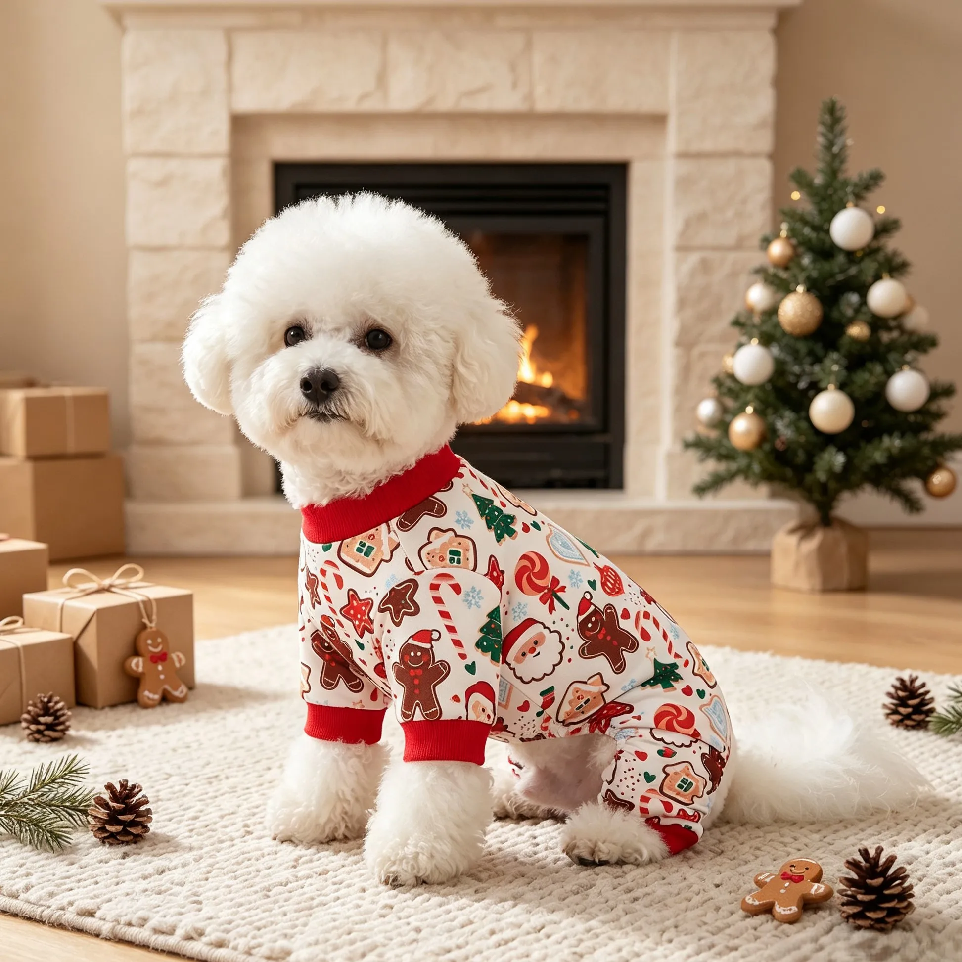 Vierbeinige Haustierkleidung, Lebkuchenmann, Schneemann, Weihnachtsmann, Weihnachtsbaum, Zuckerstange, Weihnachtsbonbon, vollflächig bedruckter Vierbeiniger Haustier-Pyjama – Detail 5