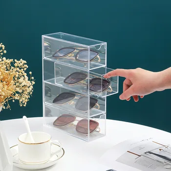 1 PC STACKABLE ผู้ถือแว่นตา 4 ลิ้นชักจัดเก็บแว่นตากล่องอะคริลิคใสสําหรับแว่นตากันแดดผู้ถือจอแสดงผล