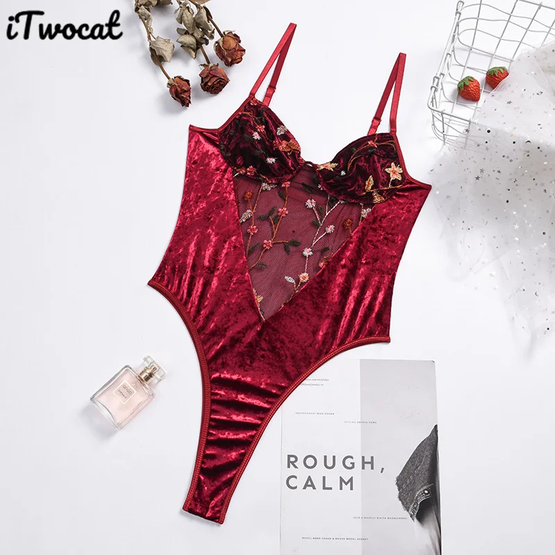 ITwocat-mono con bordado Floral para mujer, ropa Sexy de terciopelo rojo con tirantes, mono calado, lencería Sexy