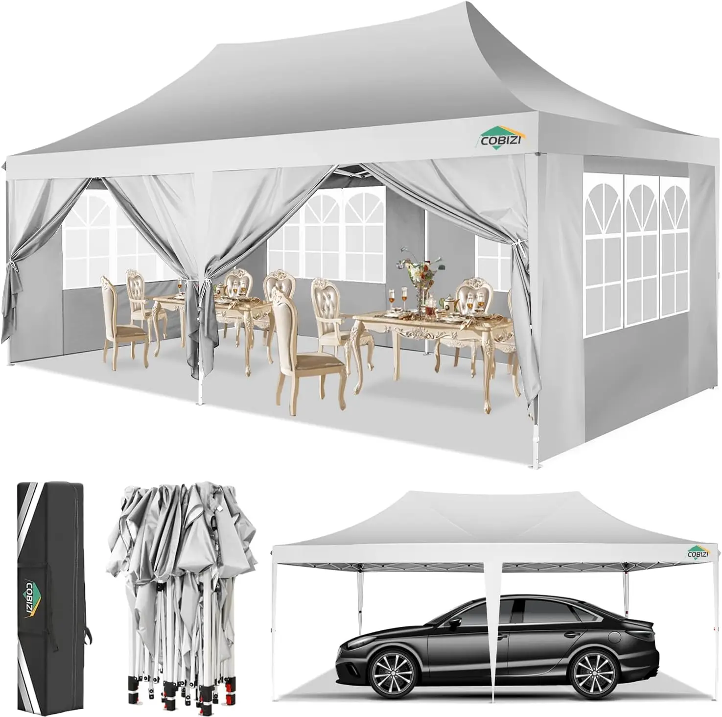 COBIZI Canopy 10x20 Pop up Canopy Tents for Parties 3.0, Upgrade Structure Wind & Waterproof Easy Set up UV Blocking with 6