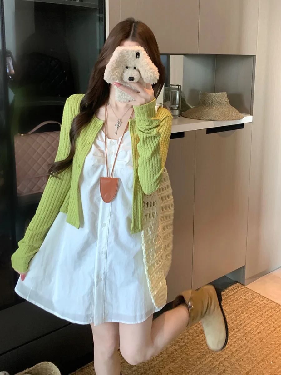 

plus Size Summer Korean Style Sleeveless Short Cardigan Set Women's White Enhancing Green Color Casual Fashion Ensemble