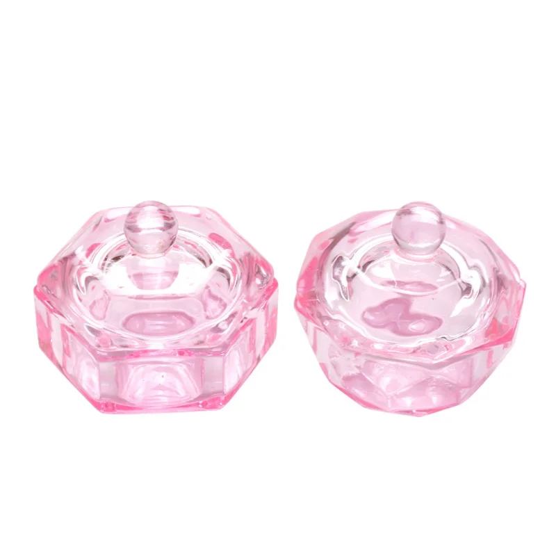 Copo de cristal rosa para Nail Art, Recipiente líquido acrílico, Prato com tampa tampa, Ferramenta de manicure, 1 pc