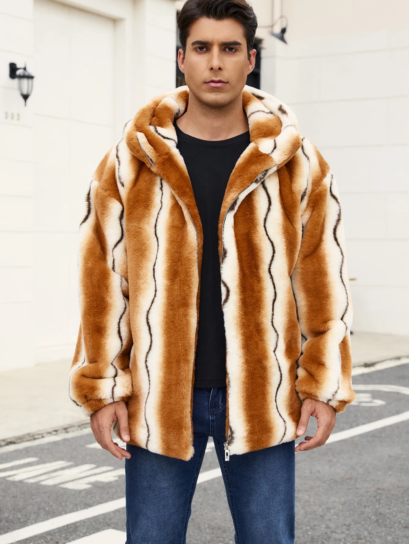 Trendy Men's Imitation Fur Coat Printed Striped Contrasting Hooded Jacket Rabbit Fur Style Warm Casual Outerwear for Men