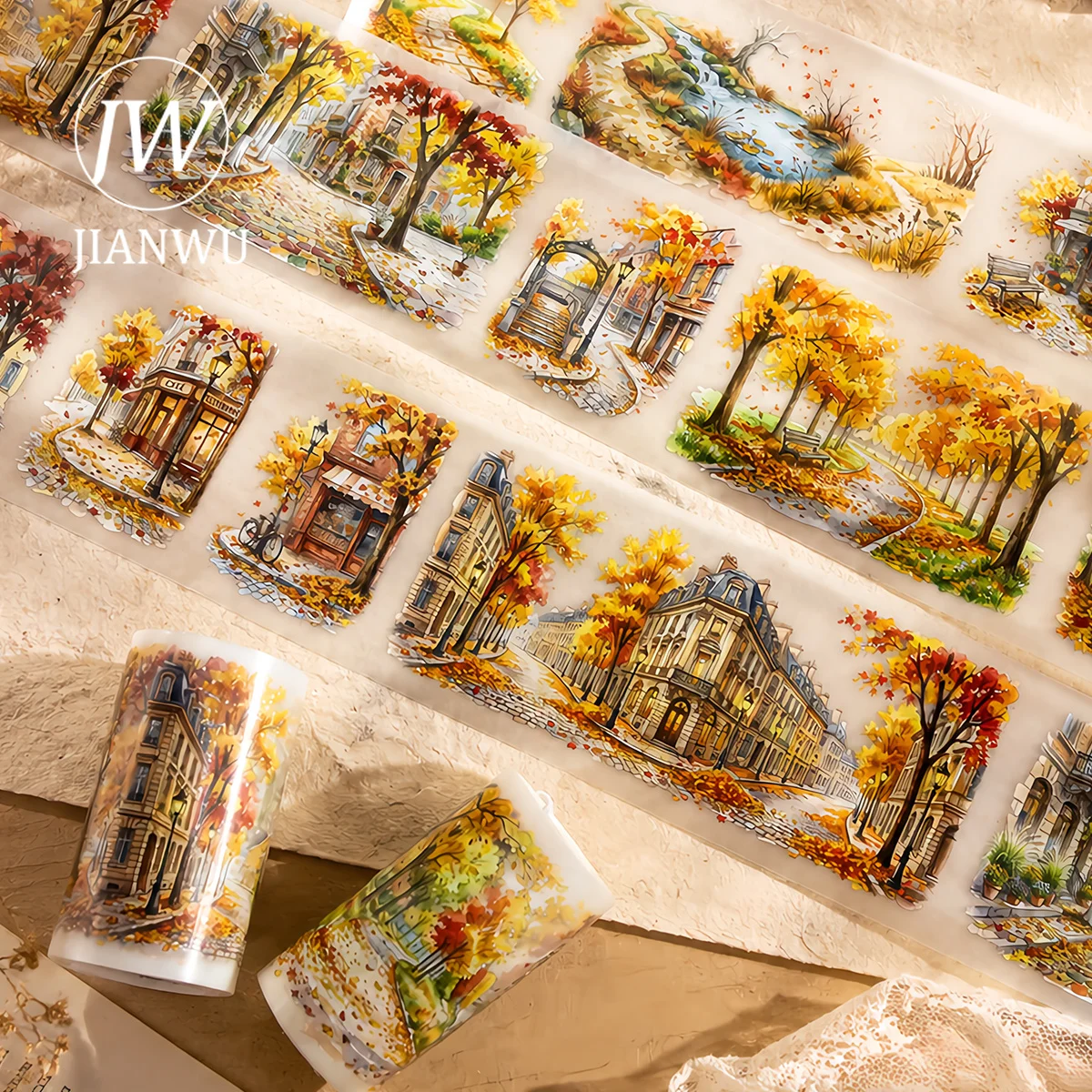 JIANWU 70mm*200cm Vintage Autumn Tree Street Landscape Material Collage Scrapbooking PET Tape Creative DIY Journal Stationery