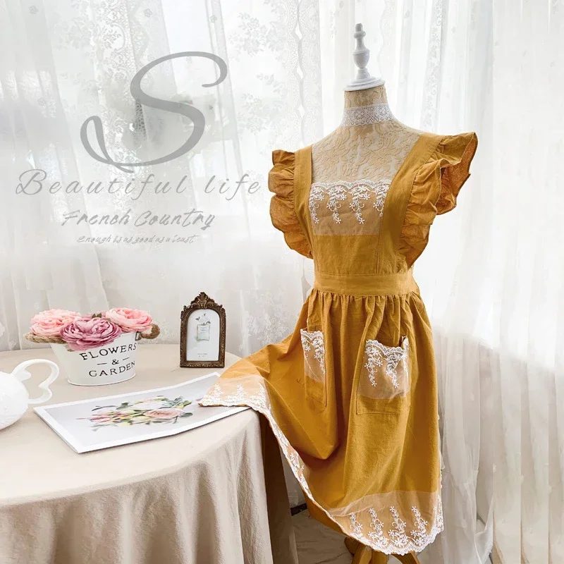 Female Women Apron Cotton Linen Aprons Dress Garden Cafe Kitchen Cooking Florist Palace Style Vintage Fashion Dress Aproning