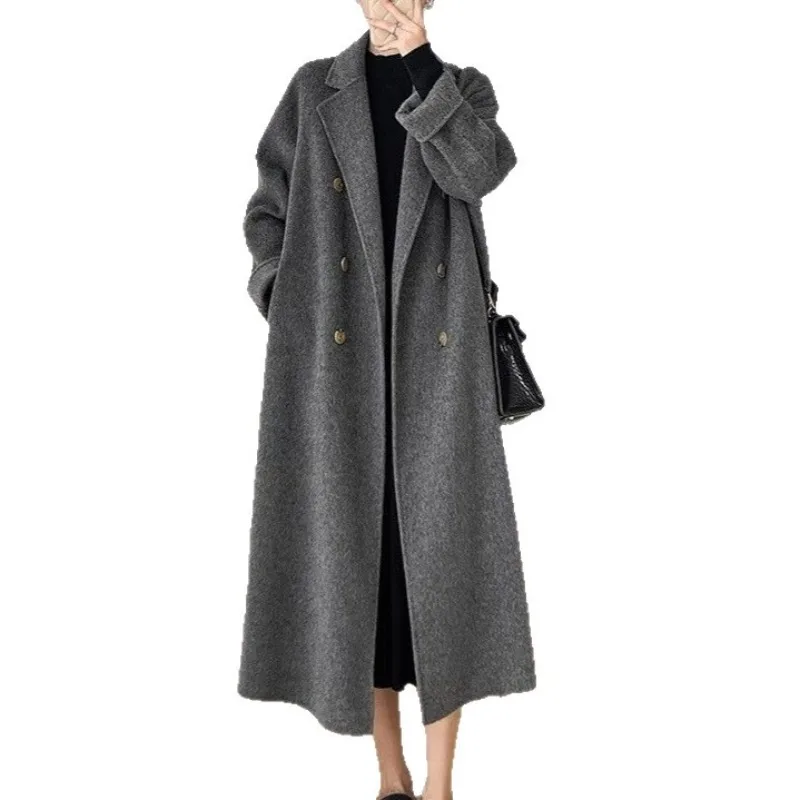2026 Streetwear Largesize Double-faced Woolen Coat Women X-long Wool Overcoat Autumn Winter Wide Lapel Double-breasted Outerwear