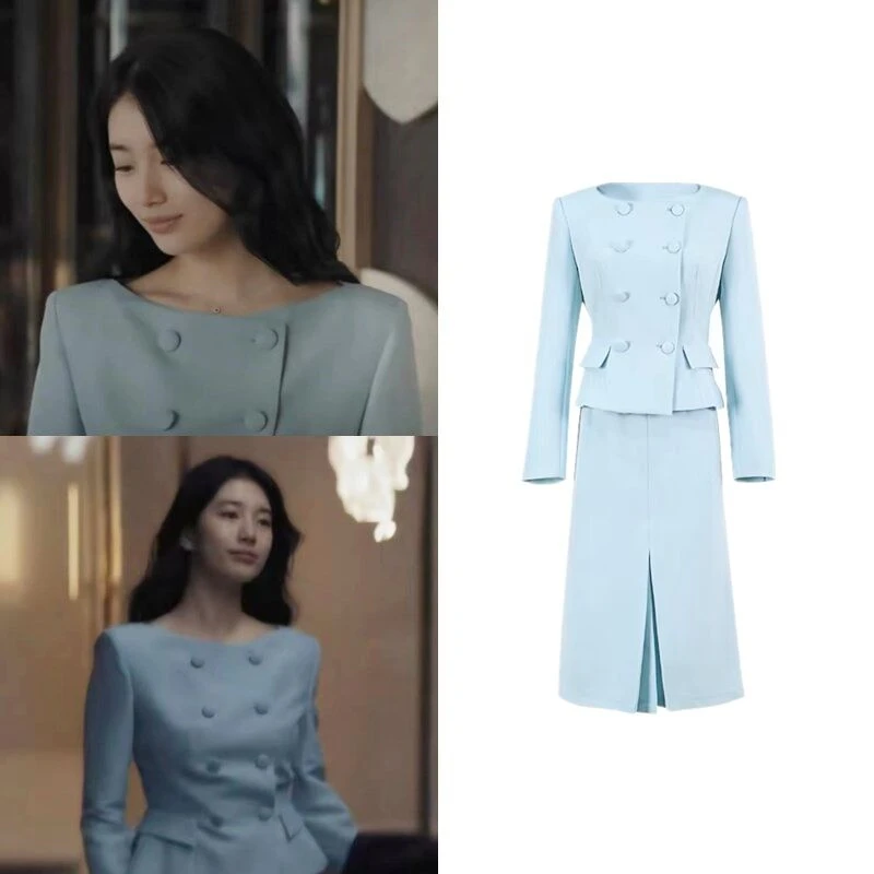 2 Pieces Set Women Double Breasted Blazer Korean Drama Star ์์ง Elegant A Line Knee-Length Slit Skirt Women Two Pieces Sets