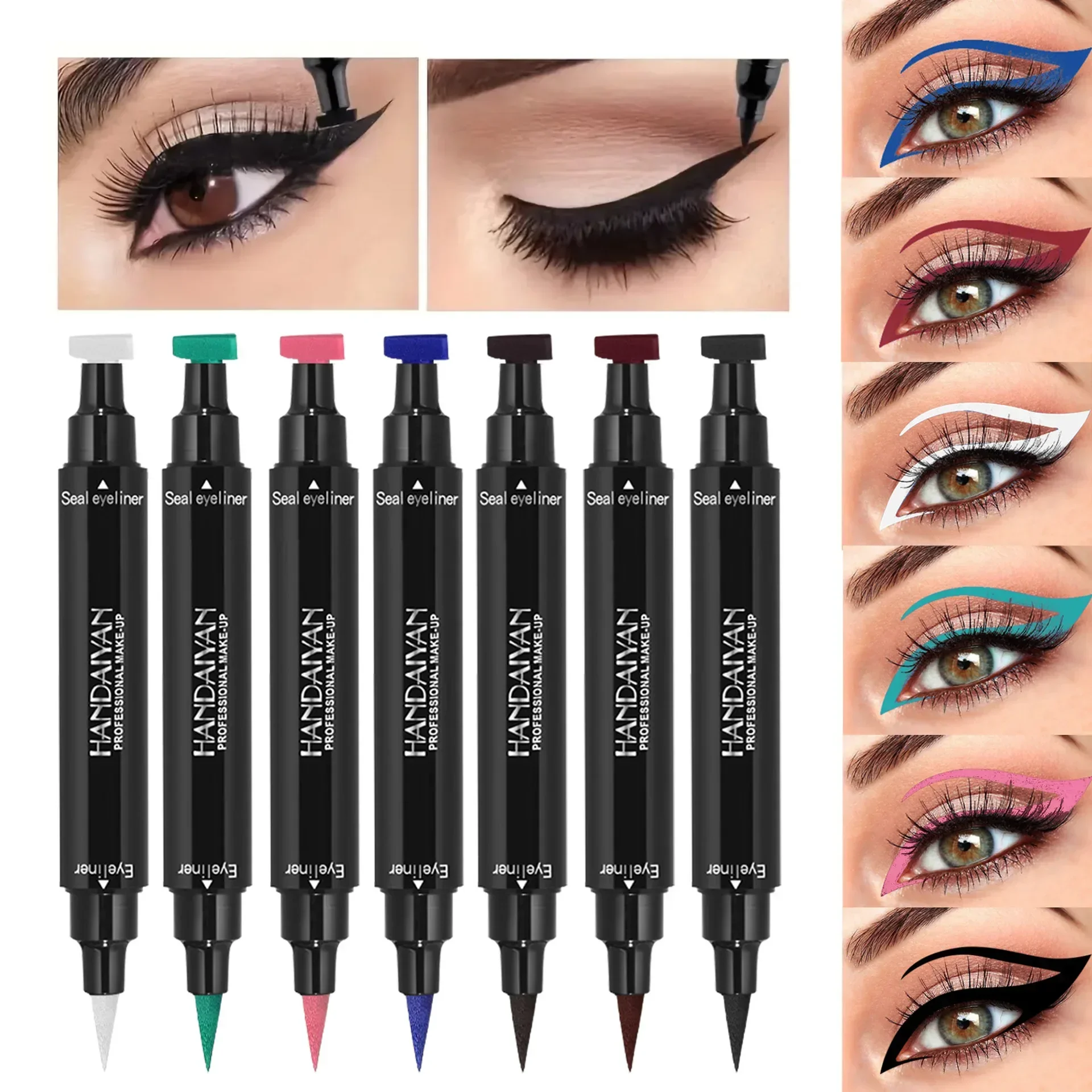 Penna per eyeliner liquido colorato con timbro alato 2 IN1 Impermeabile ad asciugatura rapida Doppio attacco Nero Blu Rosa Marrone Sigillo Eye Liner Strumento per il trucco