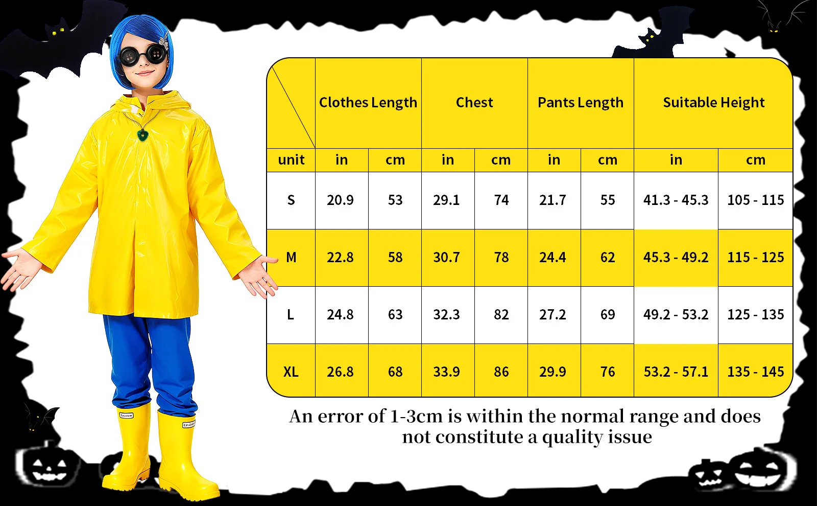 Girls Horror Moive Character Halloween Costume Waterproof Yellow Raincoat Jacket Blue Pants for Scary Anime Cosplay