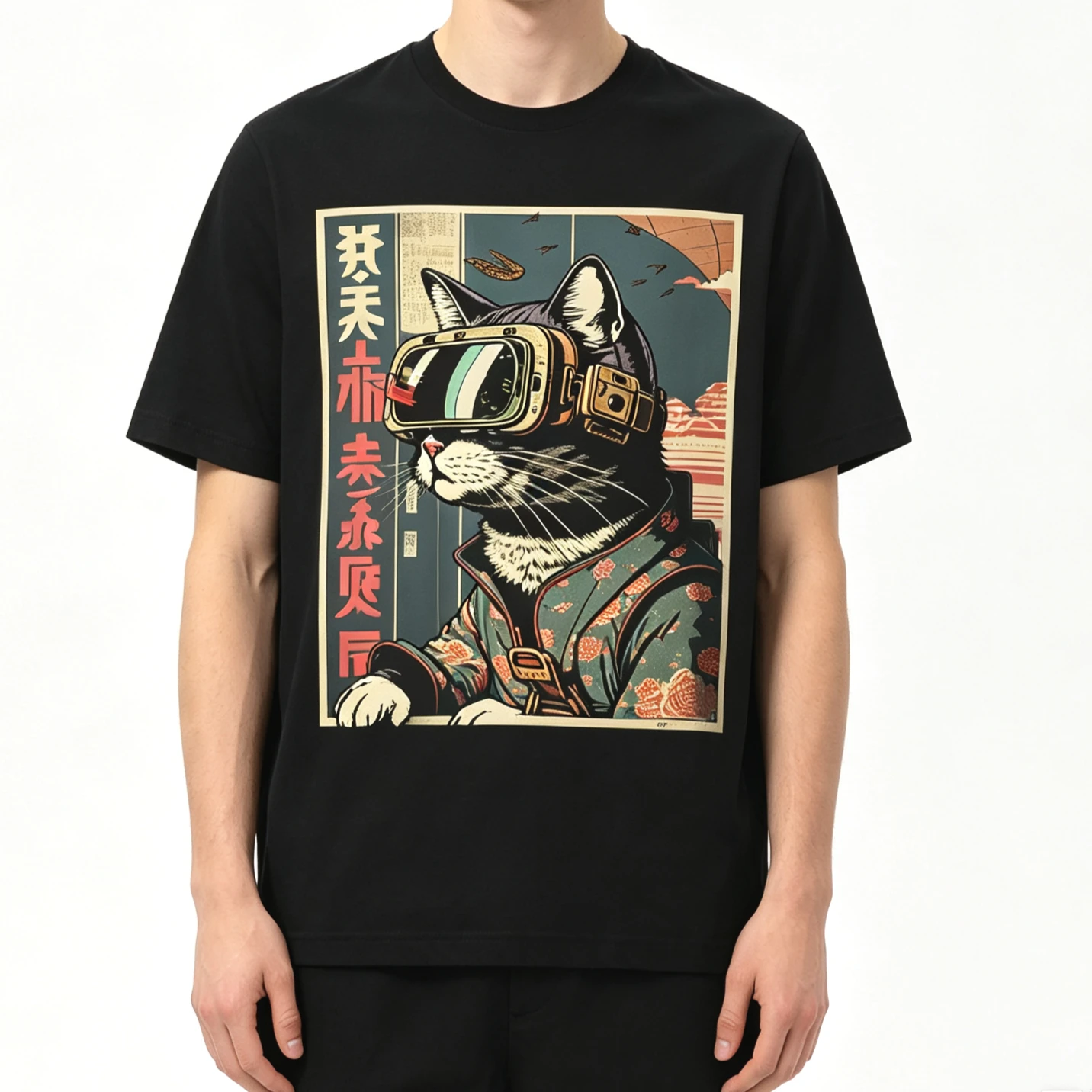 Summer Hot Sale Japanese Woodblock Print Cyberpunk Sci-Fi Cats T-Shirt Unisex Vintage Top Hip Hop Streetwear Oversized T-shirt