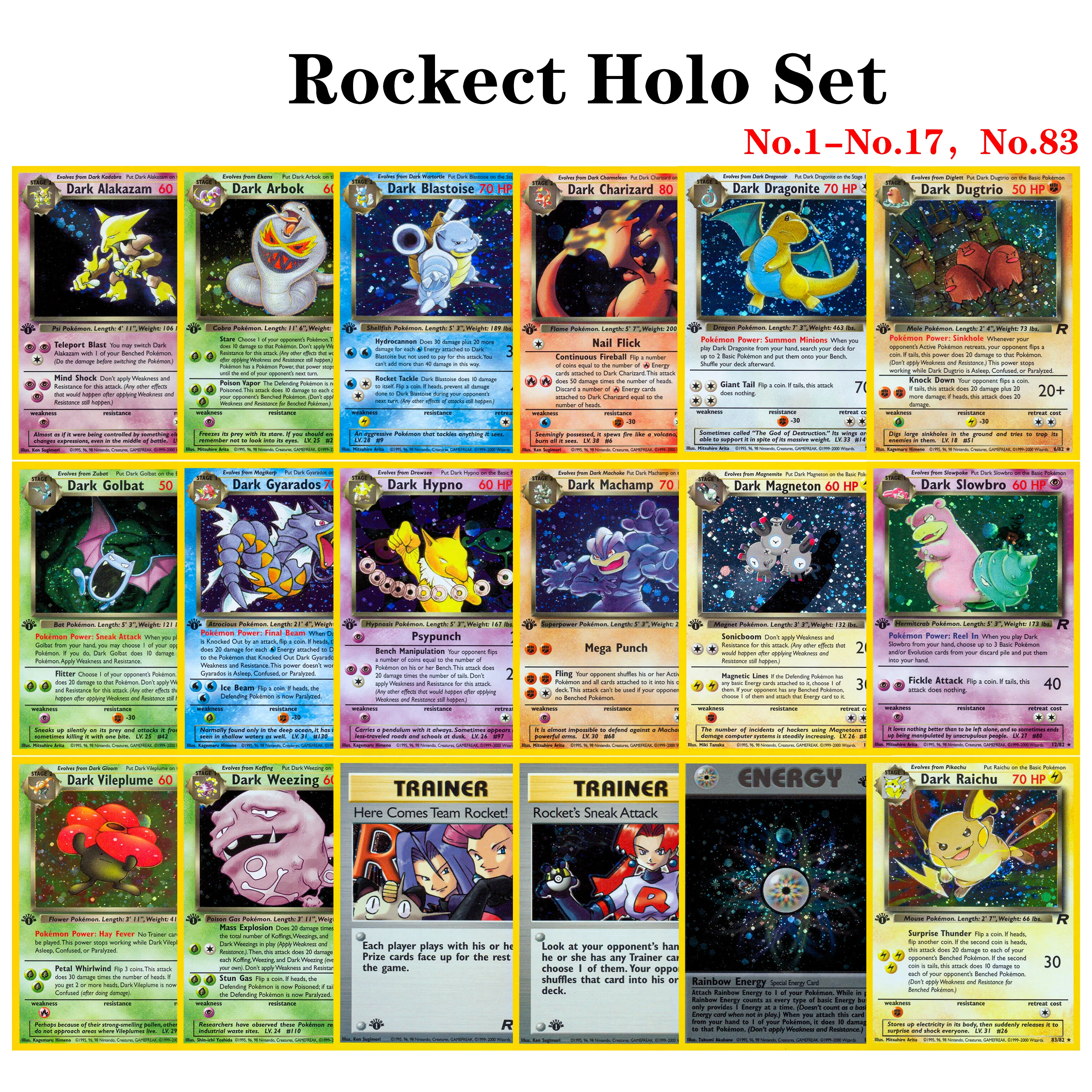 PROXY 18 Peças PKM TEAM-ROCKET(Ro) Cartas Holo Rainbow Energy/Sneak Attack/Magneton/Dark-Charizard Conjunto Completo 83 Peças Brinquedos Pokémon