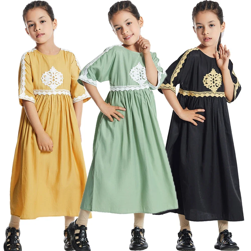 

Muslim Kids Girls Fashion Abaya Lace Summer Long Maxi Dress Turkey Arab Robe Islamic Casual Caftan Prayer Gown Ramadan Moroccan