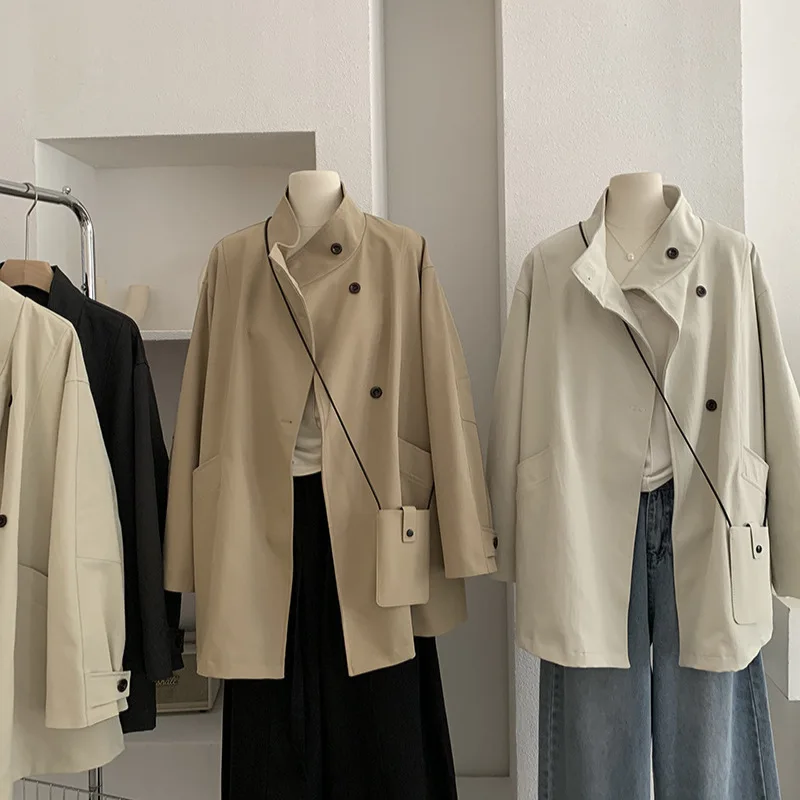 

Тренч с воротником-стойкой, женский абрикосовый свободный модный базовый топ для отдыха с длинными рукавами, топы средней длины, элегантное повседневное минималистичное пальто