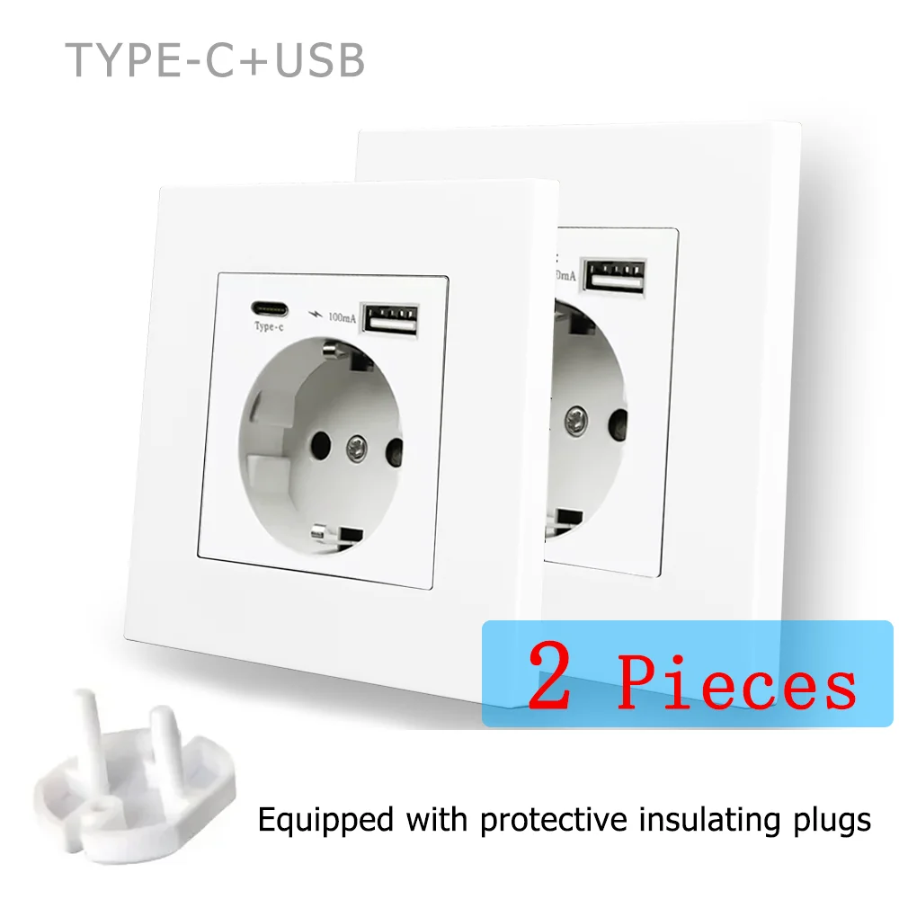 16A EU Standard Wall Socket with Type-C USB Charging Outlet White Flame Retardant PC Panel AC 110-250V Power Electrical Outlet
