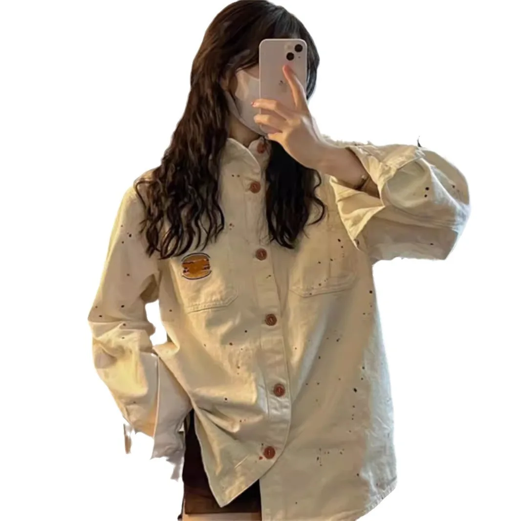 Camicia di jeans Cappotto Giacca da donna con stampa monopetto Tasche con colletto rovesciato Lavato Streetwear Top Overshirt 2025 Autunno