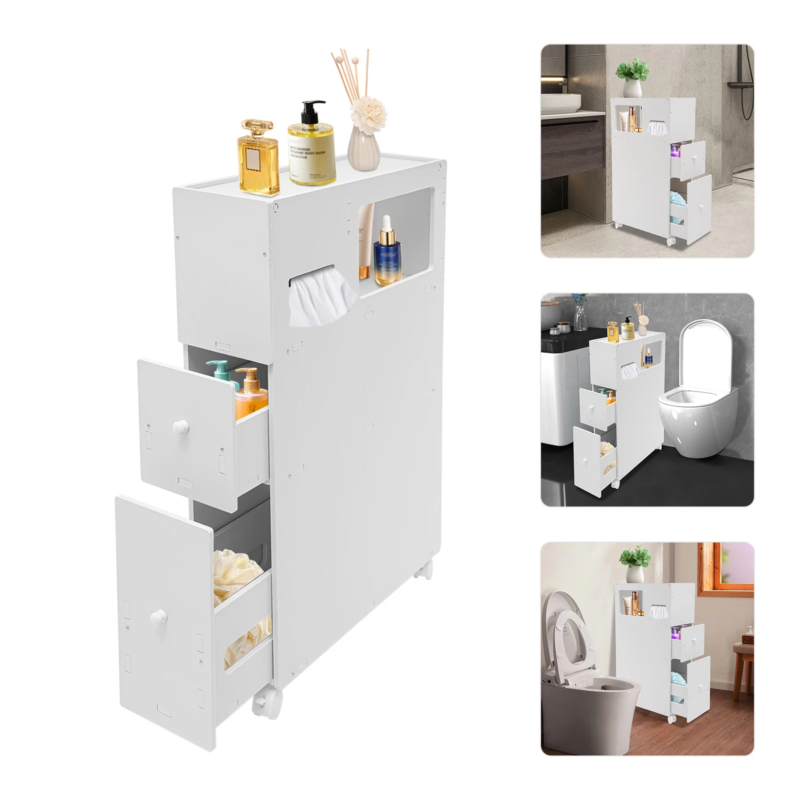 4 Layer Slim Toilet Side Cabinet Bathroom Storage Narrow Cabinet Movable Floor Side Cabinet Cupboard Shelf Toilet White