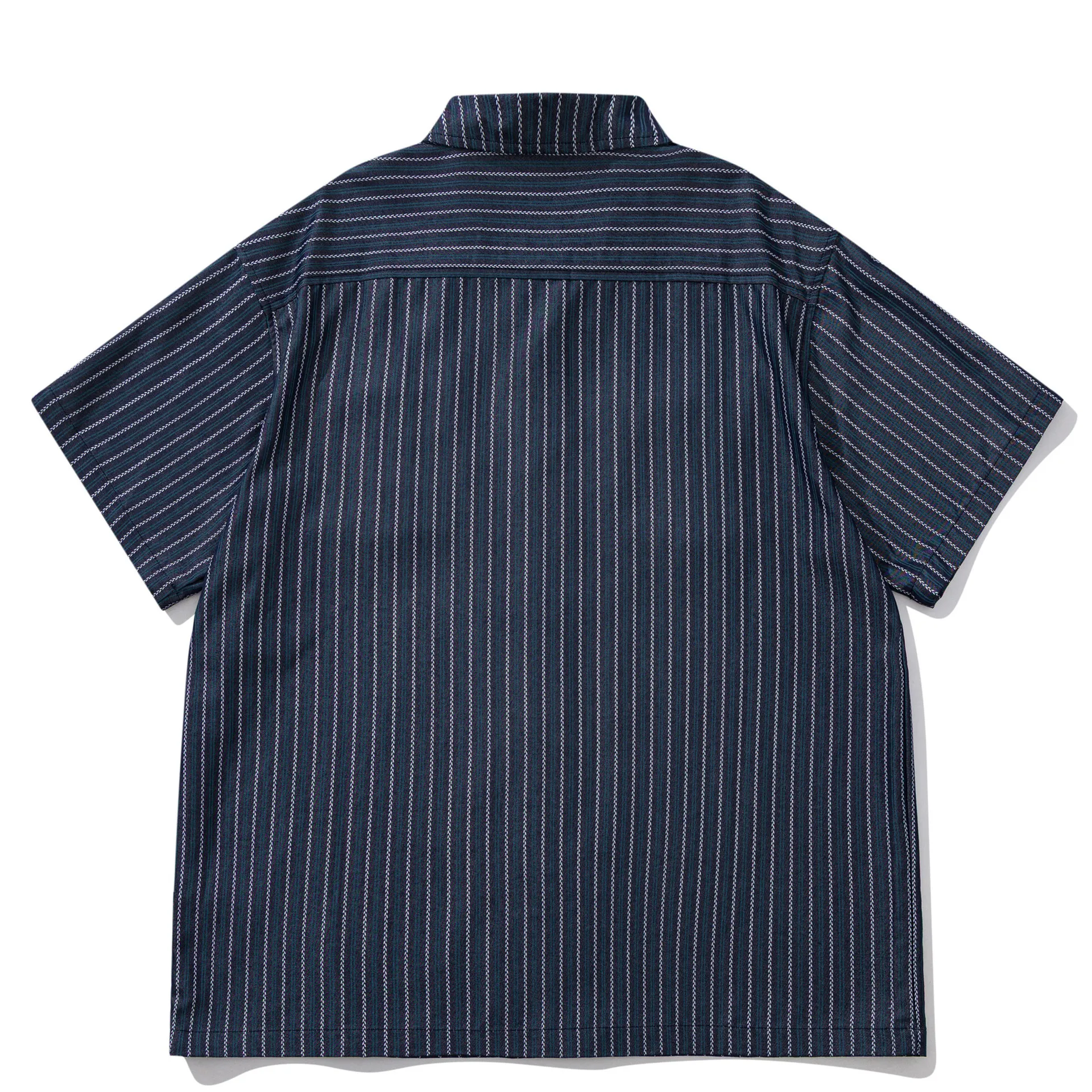 Summer Japanese Retro Amekhaki Striped Workwear Short Sleeved Shirt Men and Women Loose Five Quarter Sleeve Cuban Collar Shirt