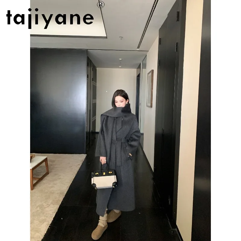 TAJIYANE 90% Sheep Wool 10% Cashmerel Coat Women Winter Coat Long Coats for Women 128cm Jackets Detachable Scarf Пальто Женское
