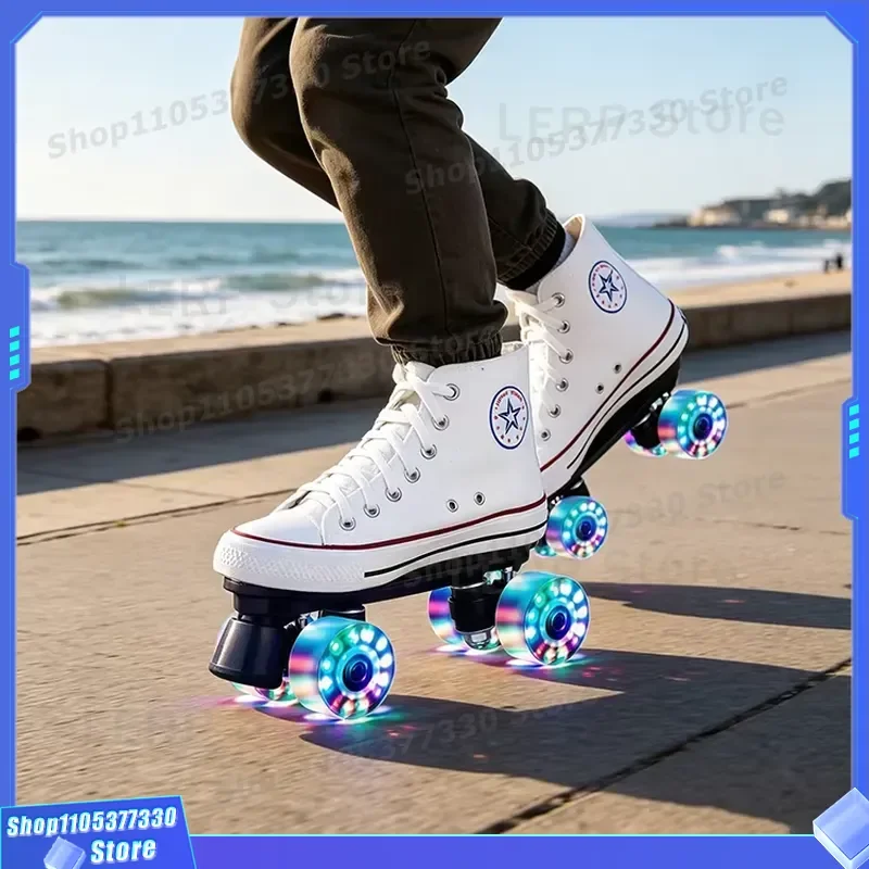 Adult Canvas Double Row Skates PU Flash Wheels Outdoor Casual Four Wheel Roller Skates For Beginners Street Style Smooth