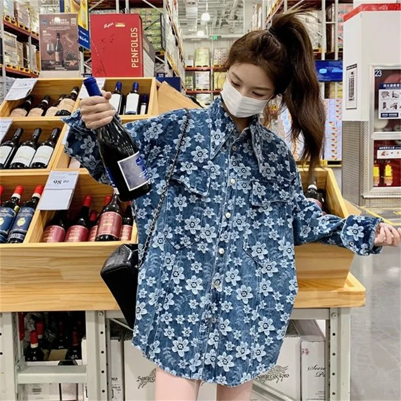 Camisa vaquera chaqueta mujer primavera y otoño 2025 nueva moda jacquard Casual ropa informal suelta blusa Tops femeninos