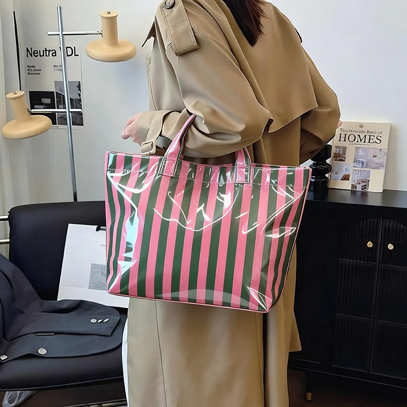

Women's New Handbag Korean Striped Retro Casual Leather Waterproof Large Capacity Portable High Quality Luxury Brand Tote Bag