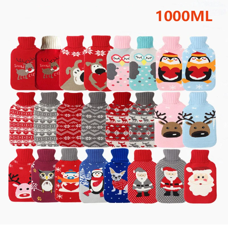 1000ML Hot Water Bag Hot Bottle Bag Rubber Bag Warm Relaxing Heat Cold Therapy with Christmas Cover Gift Knitted Mesh Covers