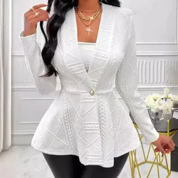 2024 New Autumn Ruffled Hemline Jacket Women Single Button Shawl Collar Long Sleeve Coat Winter White Elegant Fashion Outerwear