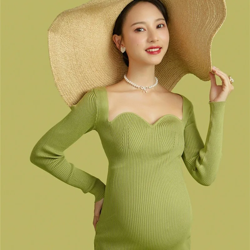 Pregnant Women Green Dresses Fashion Ribbed Knitted Maternity Bodycorn Photoshoot Dress Premama Midi Sweater Dresses Big Hat Set