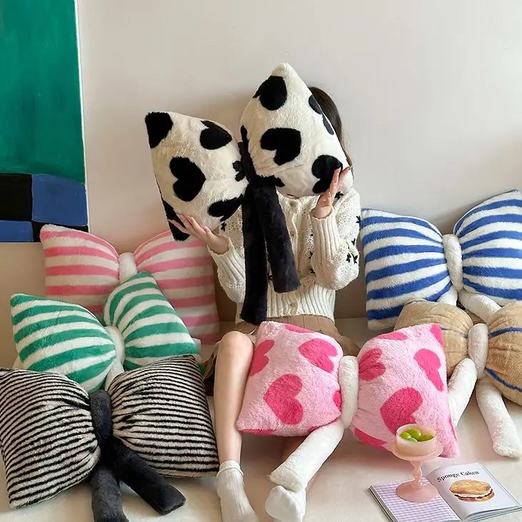 Ins Korean Dopamine Rabbit Velvet Bow Pillow Cute Lunch Nap Pillows Car Bedside Sofa Cushion Girl Gift Living Room Decoration