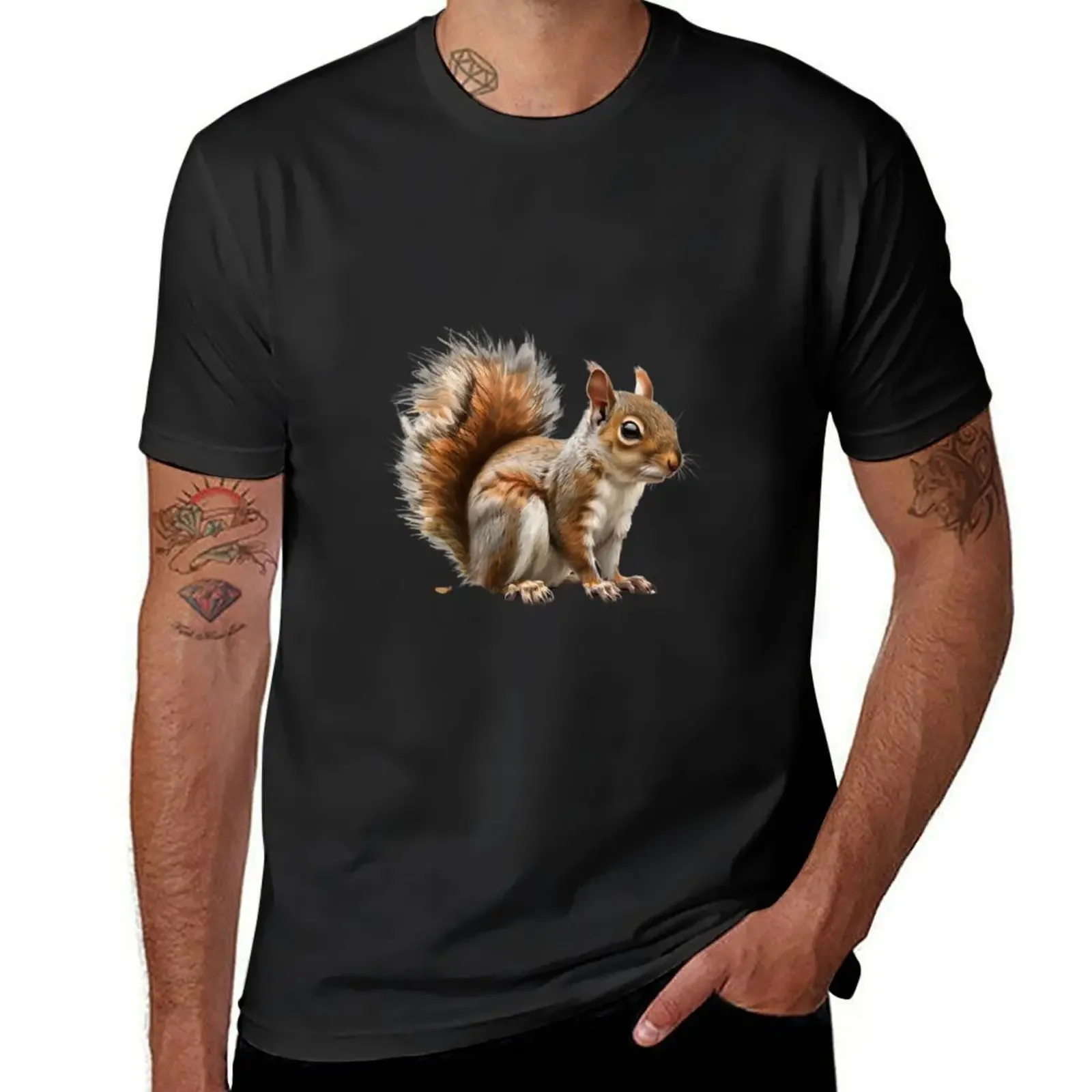 Majestic Fluffy-Tailed Squirrel in Detail T-Shirt anime figures kawaii clothes blacks men clothings