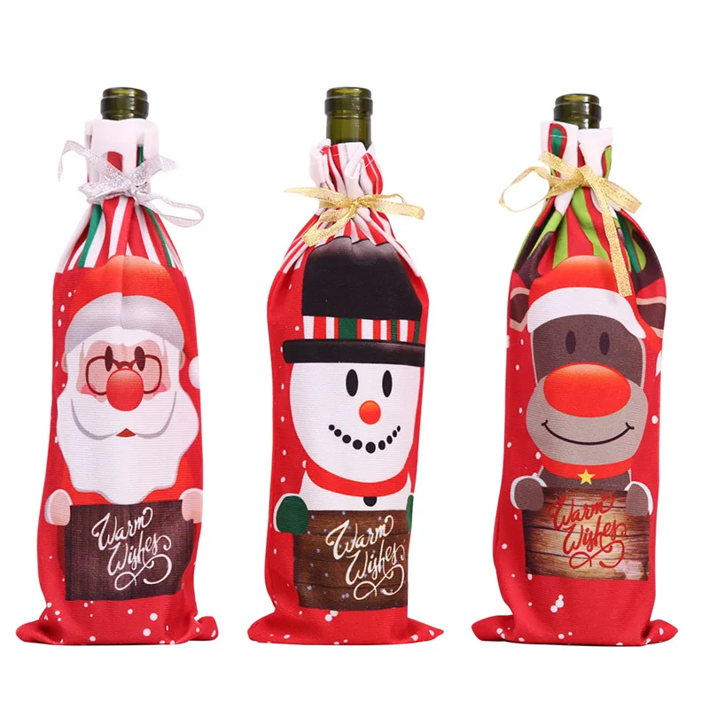 Kerst Wijnfles Hoezen Santa Claus Sneeuwpop Elanden Bedrukt Wijnfles Zak Champagne Fles Cover Kersttafel Decor Voor Thuis