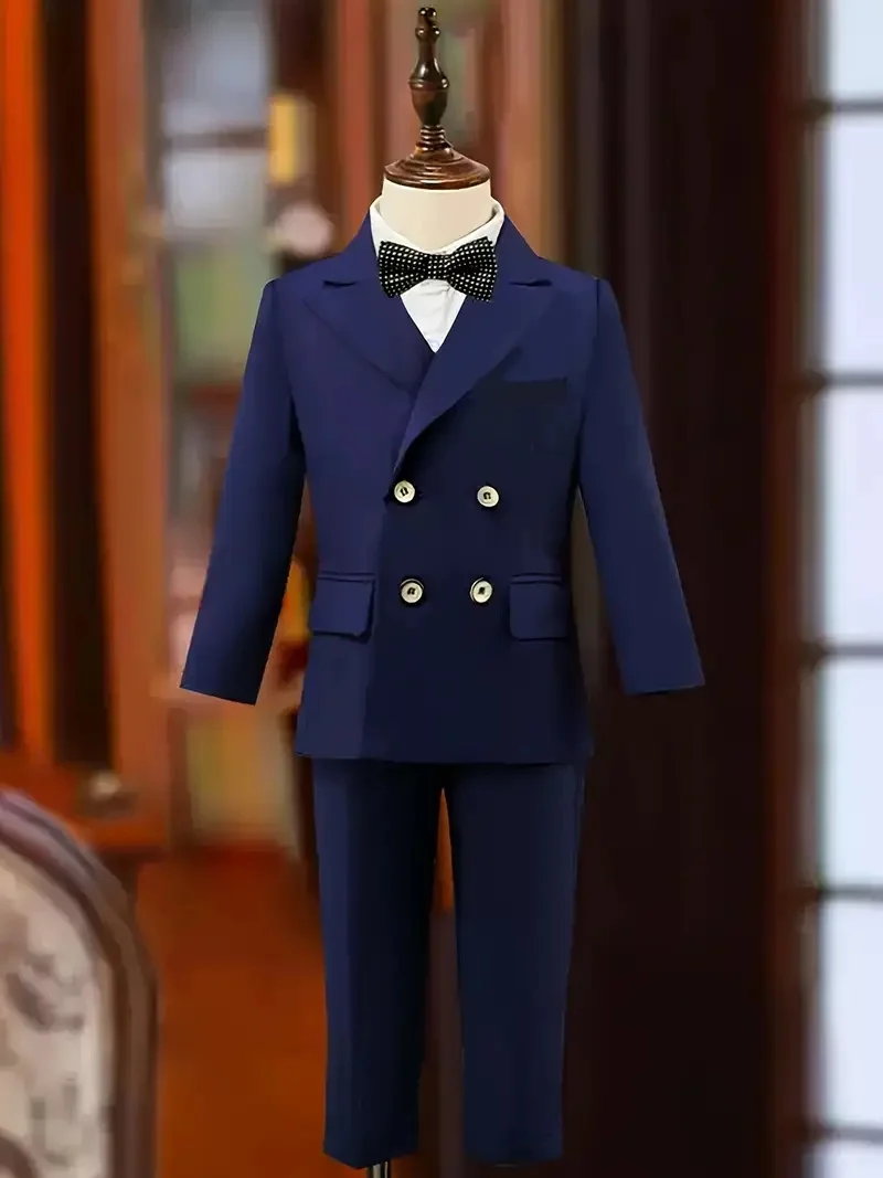 Flower Boys Blue 4Pieces Suit Set With Jacket Vest Pants Bowtie for Wedding Kids Wedding Piano Host Speech Performance Costume
