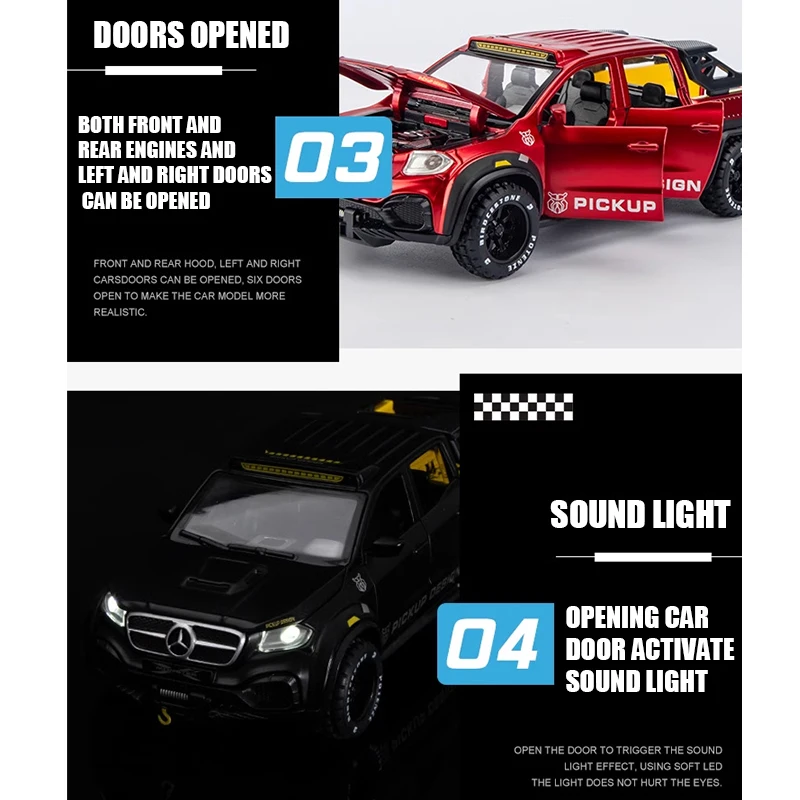 1:28 Benzs X-Class 6X6 Off Road SUV Alloy Premium Vehicles Model Diecast Metal Sound Light Pull Back Kid Toy Car Birthday Gift O