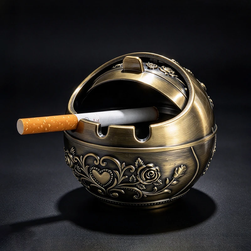 Retro European Style Rose Engraved Ashtray, Spherical Windproof Metal Ashtray with Lid, Ornate Bronze Tabletop Decor for Living