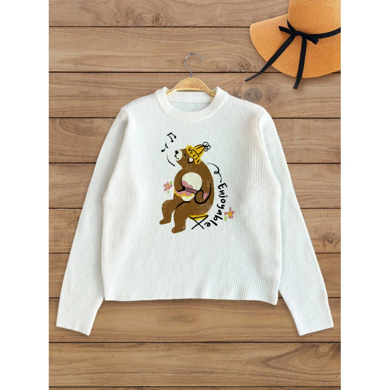 

Brown Bear Playing Guitar Print Pattern Women's Knit Pullover Thick, Oversized Crew Neck Long Sleeve Fall/Winter Fashion Style