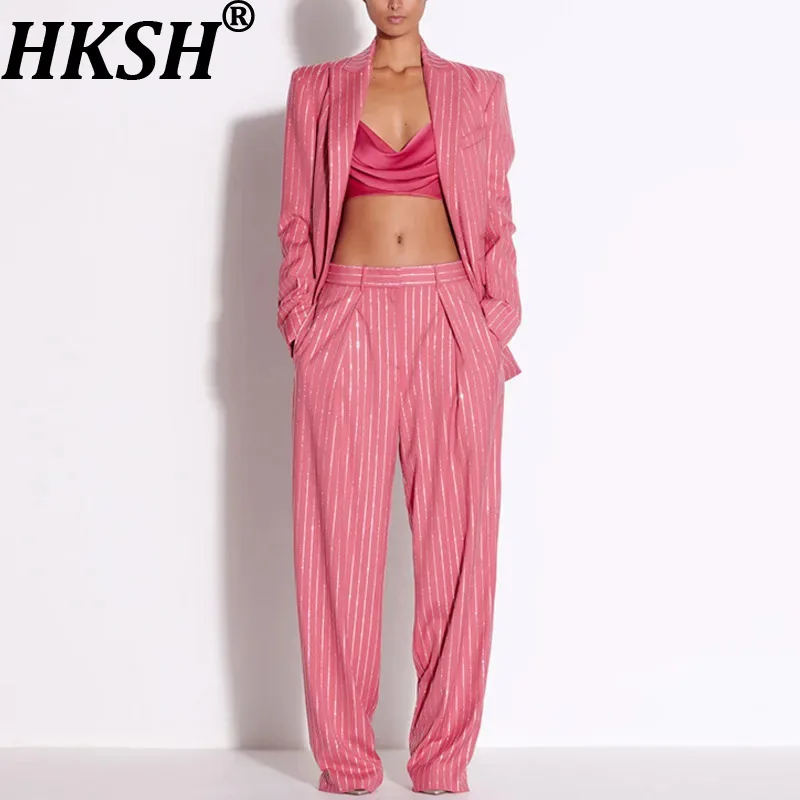 HKSH Women Two-piece Set Studded Diamonds Single Button Elegant Trend Blazer Coat Chic Pants Office Lady Suit New Spring HK11836