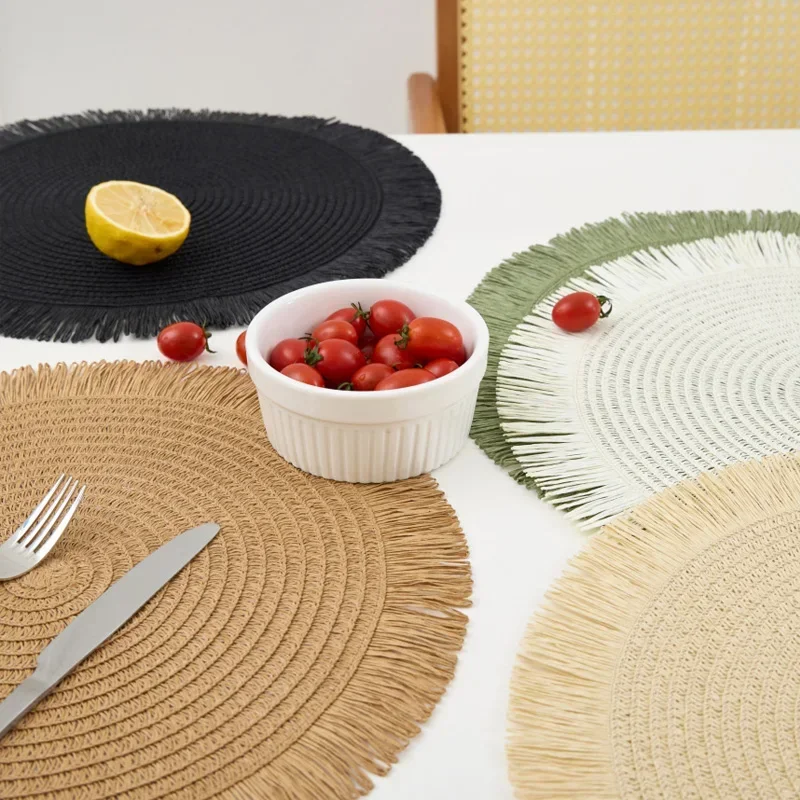 

4pcs Round Braided Placemats Fringe Paper Table Mats Hand Woven Non-slip Insulation Place mats Tea Cup Pad Dining Table