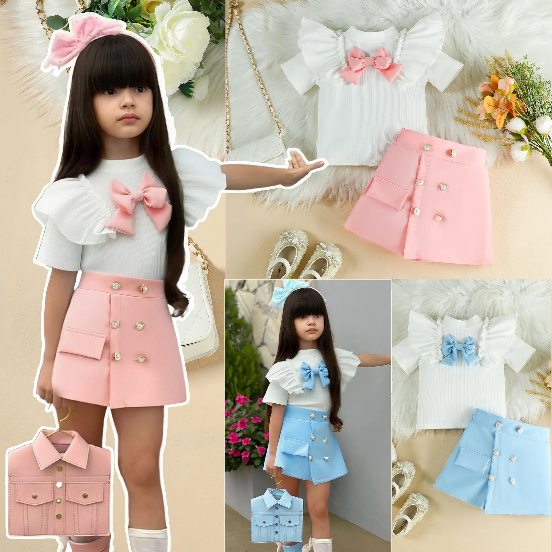 

2026 Girls Clothes 2pcs Set Summer Outfits Short-Sleeved Top And Skirt Pant Casual Wear Outings For Baby Girls Aged For 2-8 Year