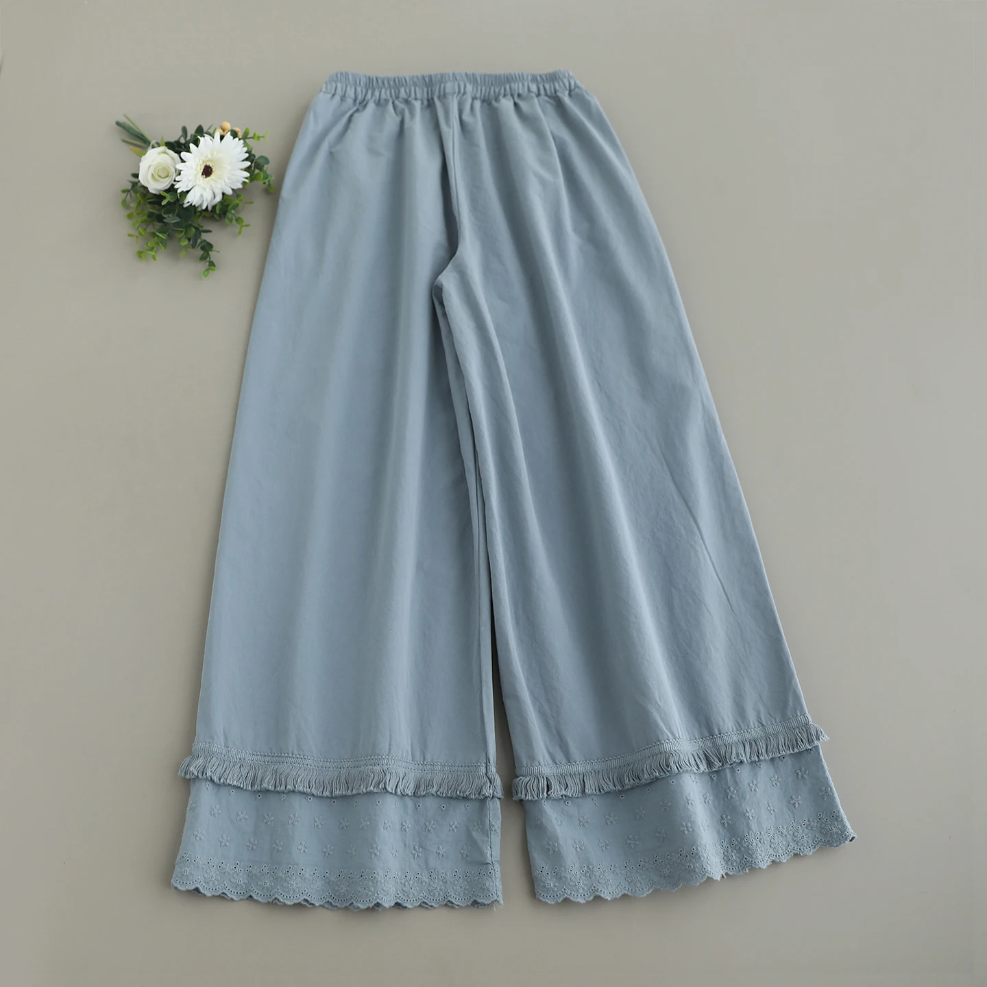 Japanese Sweet Mori Girl Solid Color Embroidery Hem Wide Leg Pants Women Summer Elastic Waist Casual Loose Cotton Straight Pants