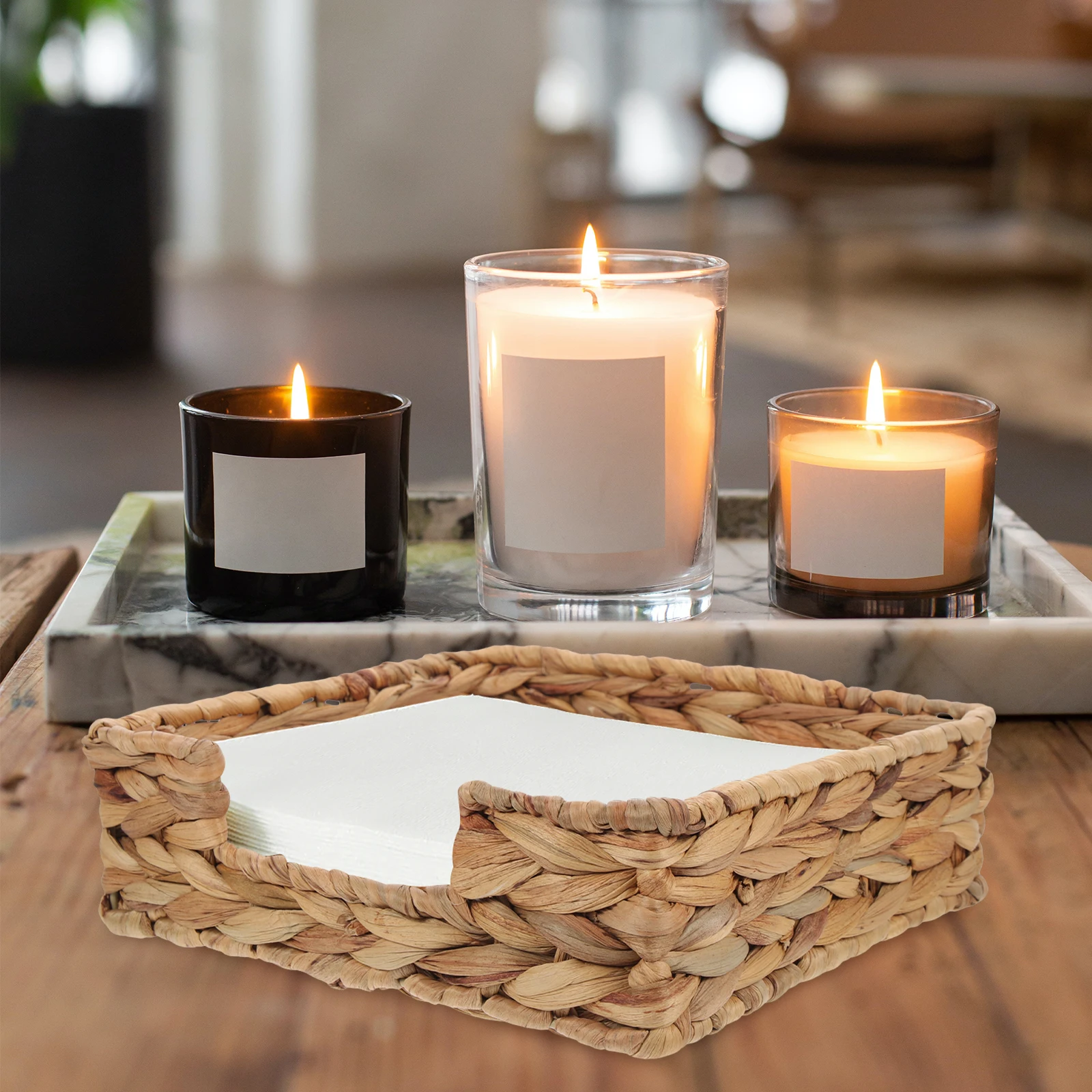 

Rustic Style Woven Tissue Box Household Square Napkin Holder Dining Table Desktop Decorative Storage Basket Natural Paper Towel