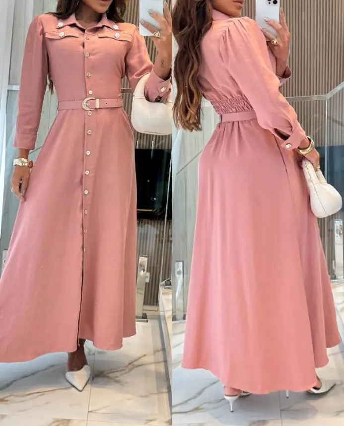 Womens Dresses Pearls Flower Decor Turn-Down Collar Button Down Shirred Back Shirt Dress Casual Flap Detail Work Dress with Belt