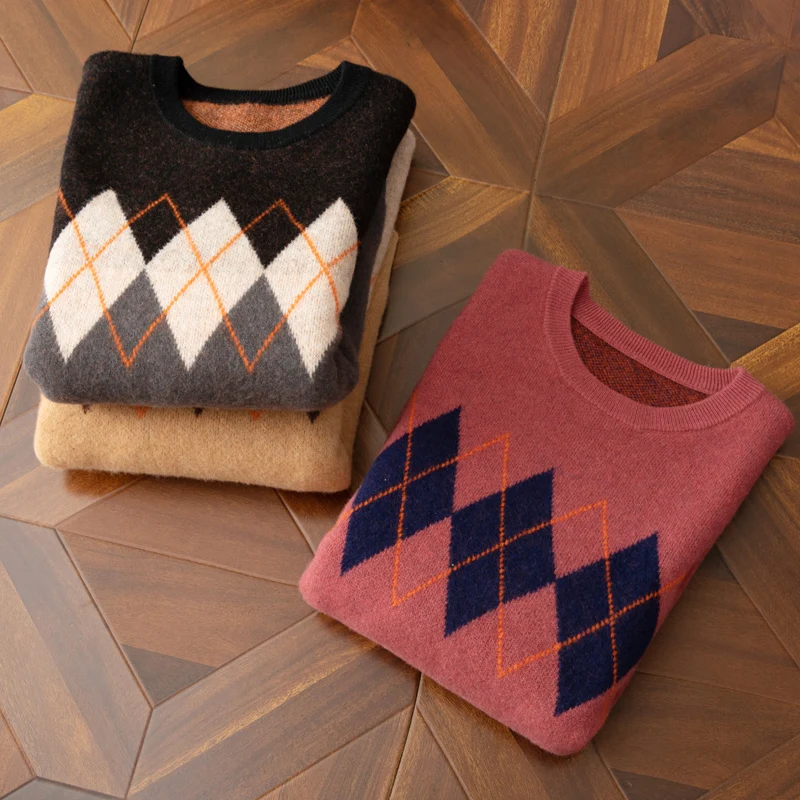 Autumn And Winter New 100% Wool Men's Thick Sweater Jacquard Round Neck Loose Casual Knitting Bottoming Shirt