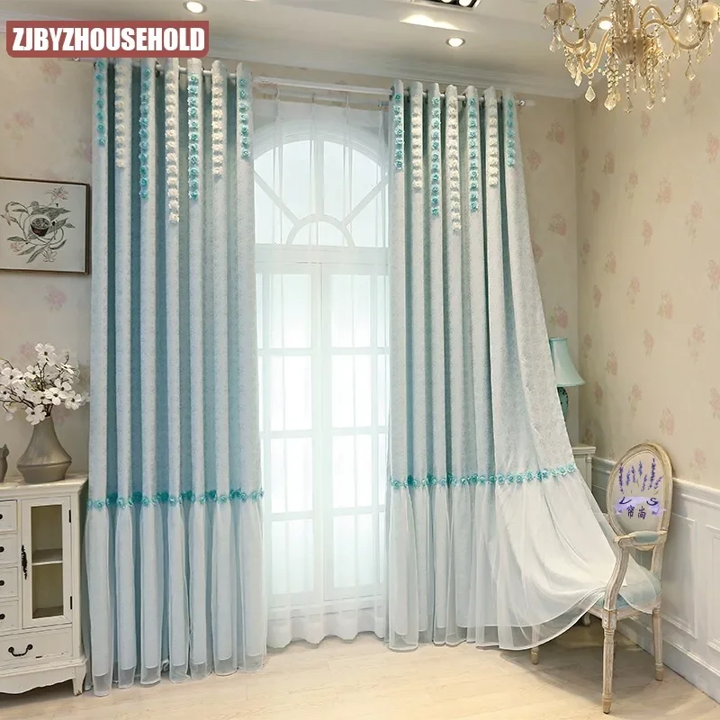Korean Style Simple Curtains for Living Room Bedroom Girl Heart Princess Bay Window Blackout Stitched Insulation Romantic