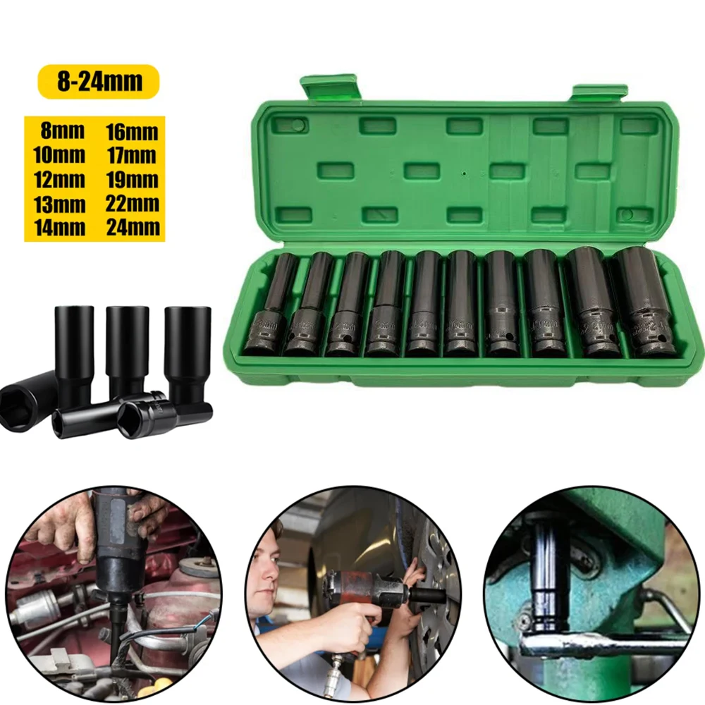 

1/2Inch Drive 6-Point Impact Socket Set 10pcs 8-24mm Metric Sizes Carbon Steel Impact Socket Set Wrench Head Tire Removal Tools