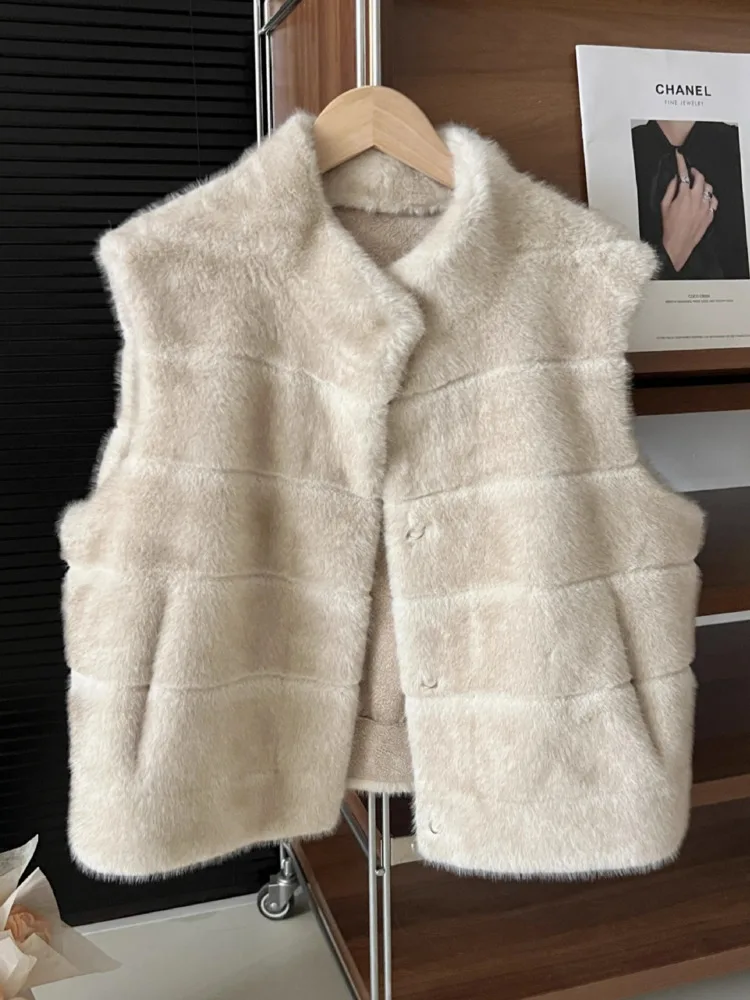 سترة نسائية من الفرو الصناعي من ZMEENNA بدون أكمام ملابس خارجية منفوشة أشعث تصميم شريطي أفقي قطعة طبقات دافئة ZM4451 #5