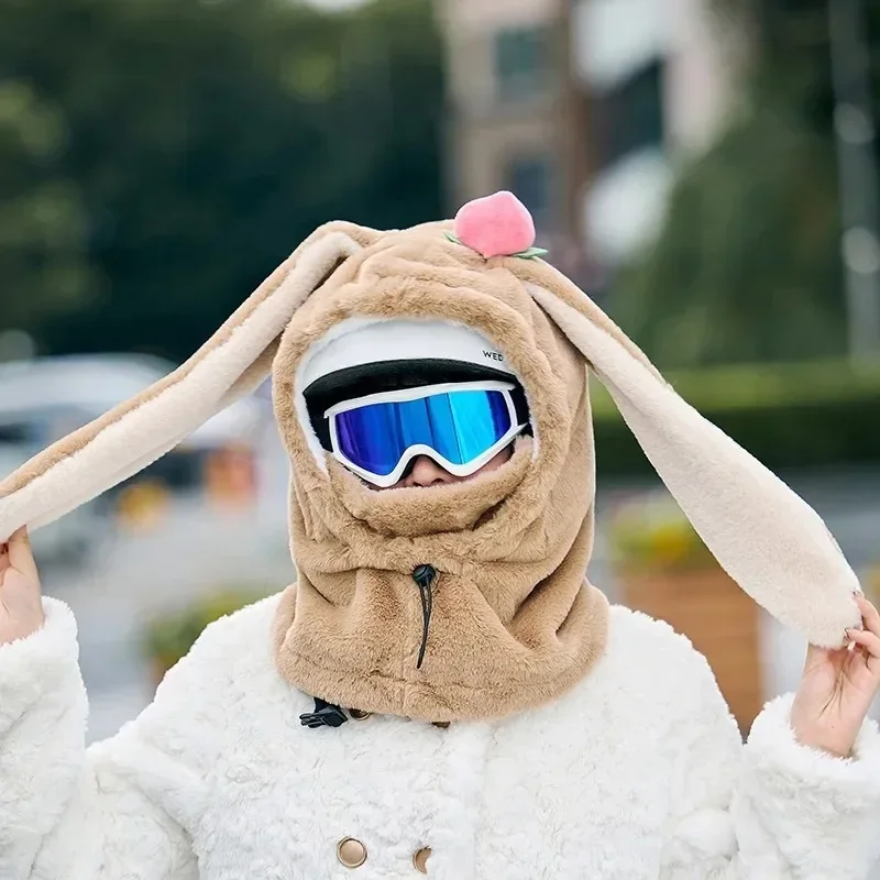 Casco de esquí con orejas de conejo de dibujos animados para niña y mujer, cubierta cómoda y suave, gorro de esquí de ciclismo, gorro de felpa